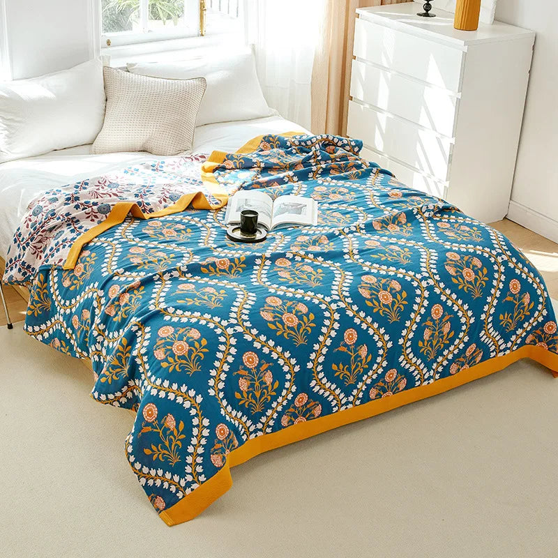 Lightweight Cotton Gauze Throw Blanket Queen King Bed Coverlet Breathable Floral Bedspread for Warm Weather Bedding | Thomler