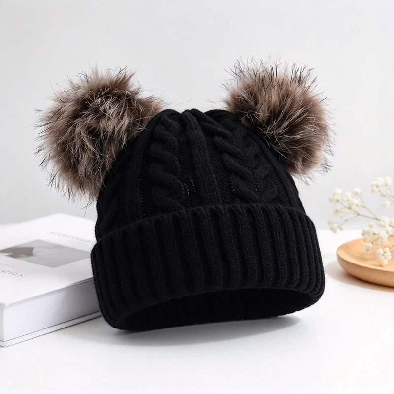 Women's Chunky Cable-Knit Winter Beanie with Dual Faux-Fur Pom-Poms – Fold-Over Cuff Hat for Cold Weather | Thomler