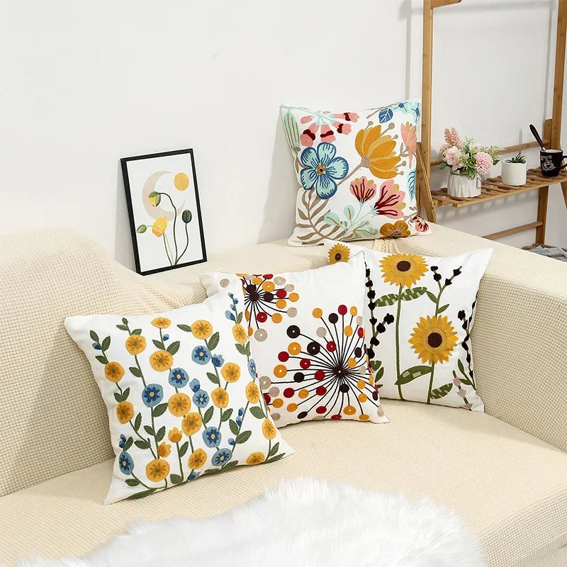 Cushion Cover Cotton Canvas 45.0 cm Floral Embroidered White Sofa Bed Decorative Pillow Case Farmhouse Living Room Accent | Thomler