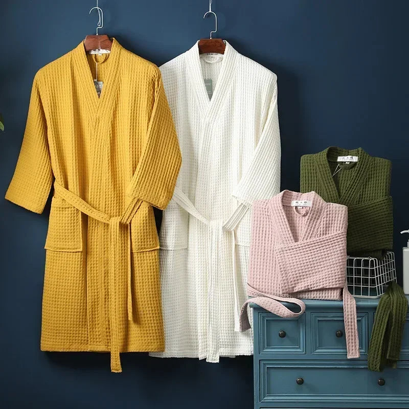Lightweight Cotton Waffle Weave Bathrobe for Women – Mid-Calf Length Spa Robe with Long Sleeves for Spring & Summer | Thomler