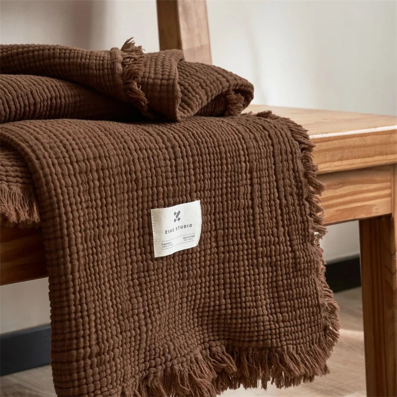Premium Cotton Muslin Throw Blanket with Tassels – 6-Layer Gauze Weave for Couch, Bed, Office Naps & Decor | Thomler