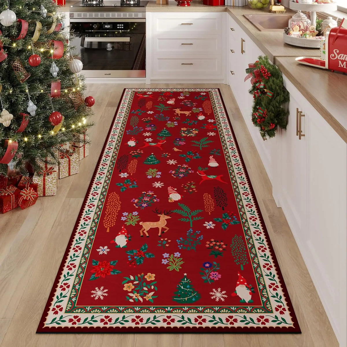 Floral Runner Rug for Hallway & Kitchen, Machine Washable Non-Slip Long Mat with Rubber Backing | Thomler