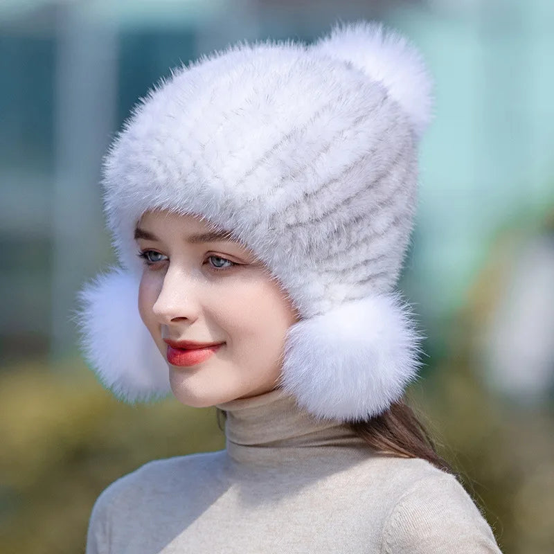 Knitted Real Fur Beanie with Fox Pom-Pom – Luxe Winter Hat for Women | Thomler
