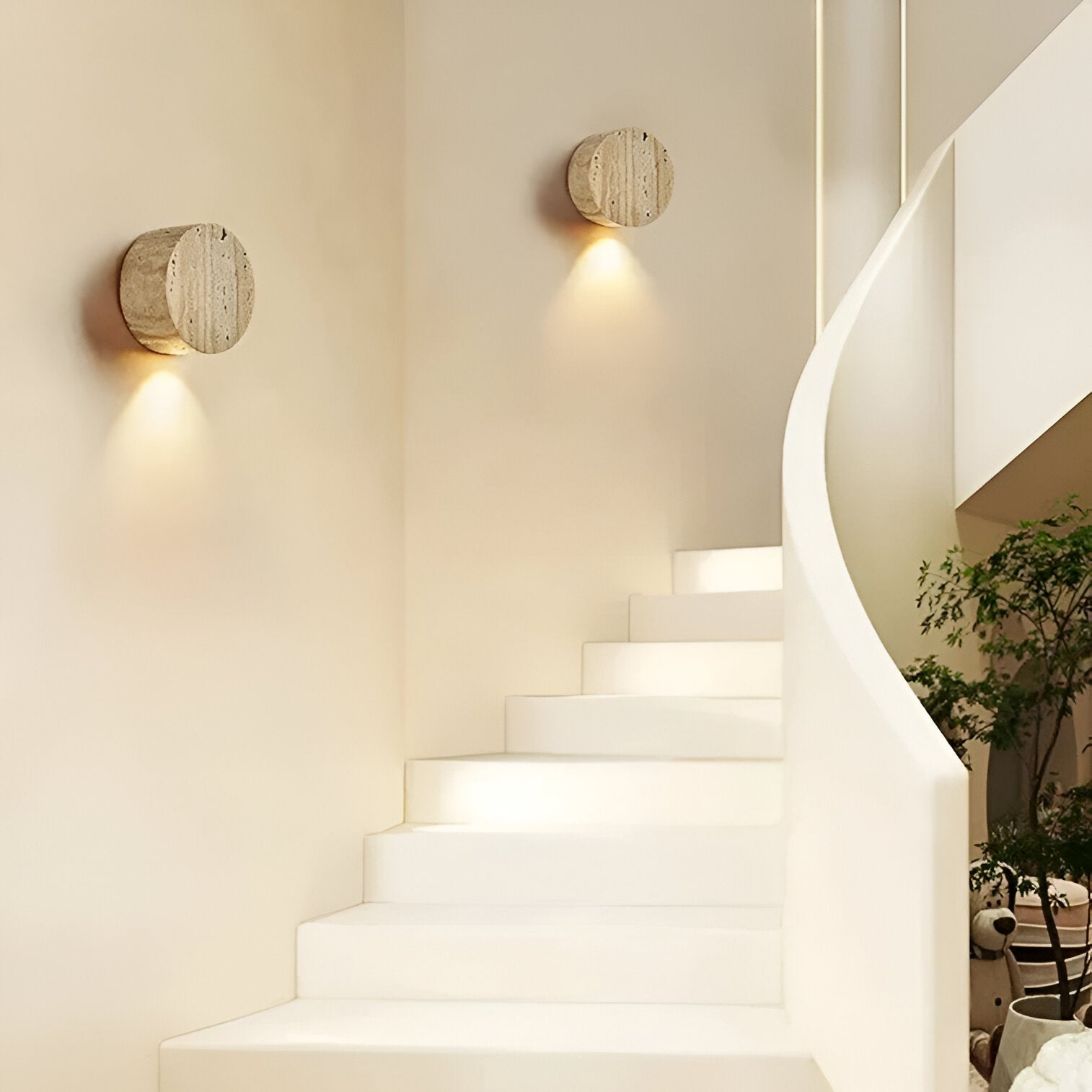 Wall Lamp Travertine Stone 3.9 in Round Frosted Glass Bedroom Hallway Ambient Up Down Light Minimalist Japandi Fixture | Thomler