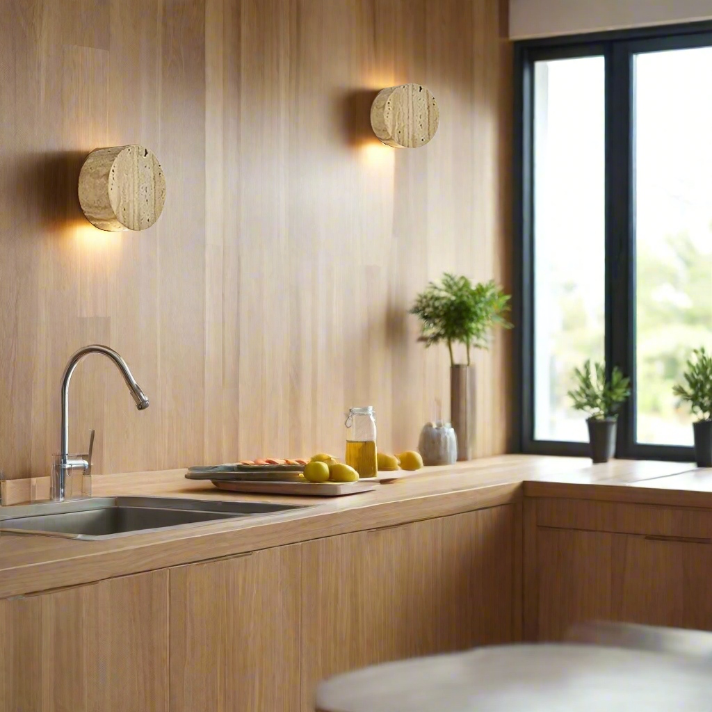 Wall Lamp Travertine Stone 3.9 in Round Frosted Glass Bedroom Hallway Ambient Up Down Light Minimalist Japandi Fixture | Thomler