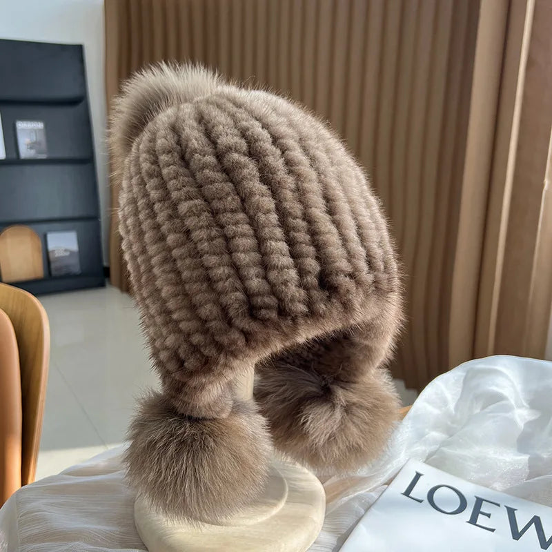 Knitted Real Fur Beanie with Fox Pom-Pom – Luxe Winter Hat for Women | Thomler
