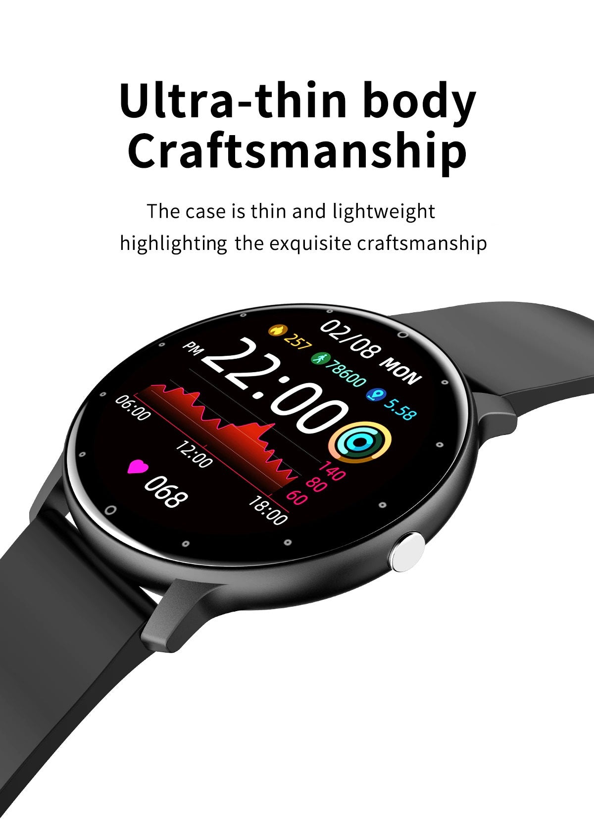 Ultra-Slim Fitness Tracker Smartwatch with Heart Rate Monitor, Sleep Tracking & IP67 Water Resistance for iPhone & Android – Full Touch | Thomler