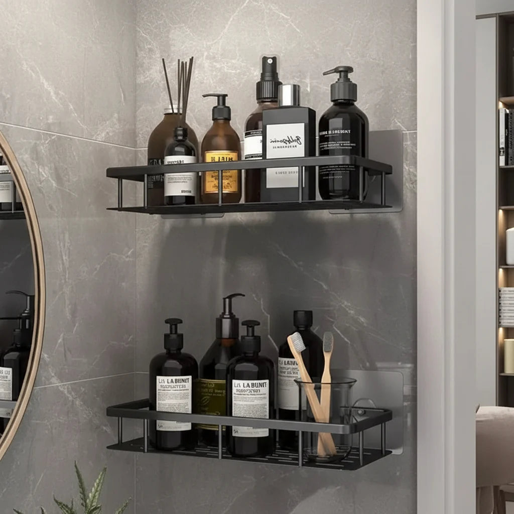 Bathroom Shelf ABS Plastic Drill-Free 10.6 in x 8.3 in Wall Mounted Storage Rack Modern Bathroom Organizer Triangular or Rectangular Designs | Thomler