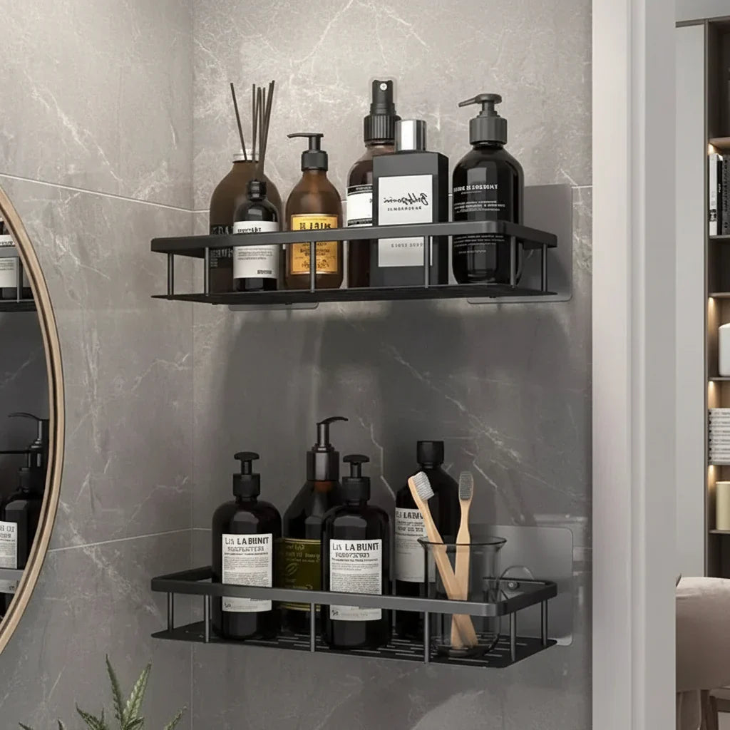 Bathroom Shelf ABS Plastic Stainless Steel 30.5 cm Self Adhesive Shower Storage Corner Organiser Wall Mounted Rack | Thomler