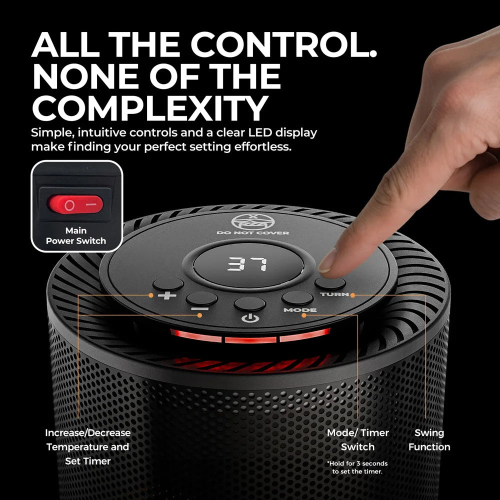 1200W Desktop Space Heater with 80° Oscillation, PTC Ceramic Heating Fan for Home & Office Comfort, LED Display & Timer | Thomler