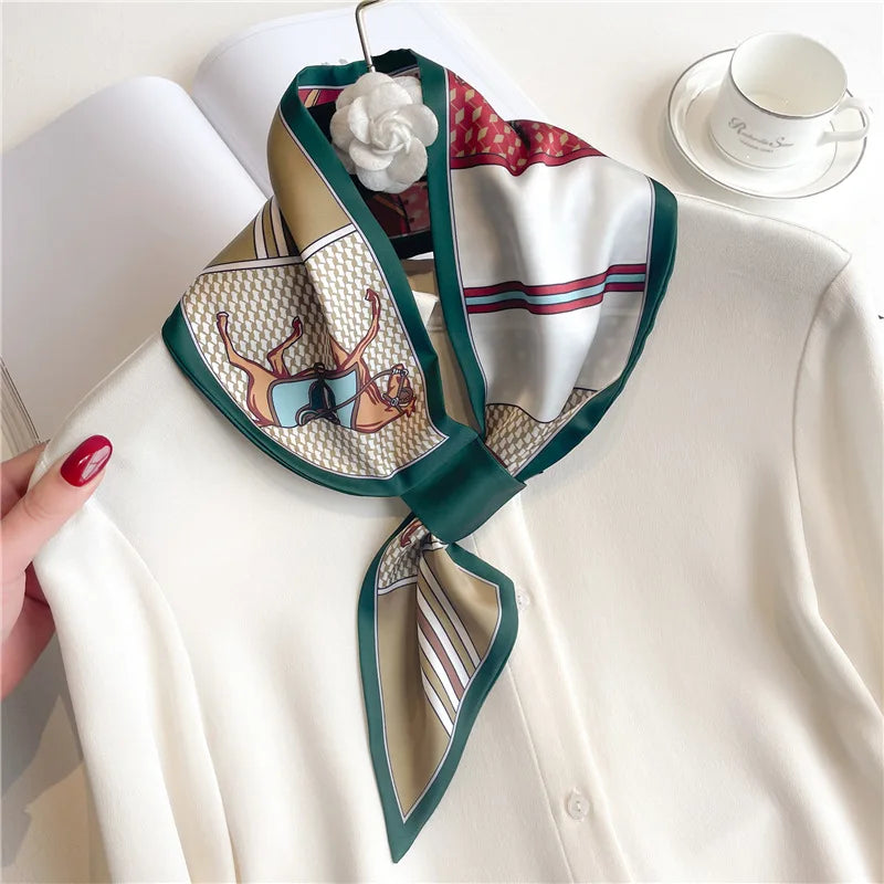 Equestrian Print Satin Neck Scarf Ribbon Bandana for Women Hair Tie Wrist Wrap Accessory for Fashion & Styling | Thomler