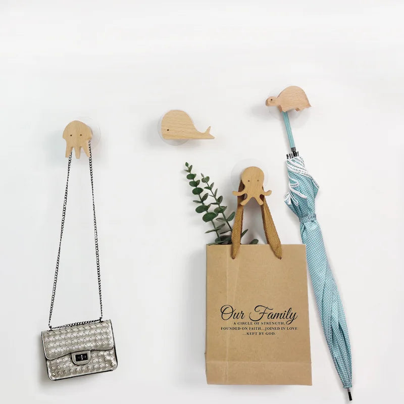 Wall Hooks Wooden Animal Self Adhesive Natural Kids Bedroom Nursery Coat Bag Holders Scandinavian Decor | Thomler