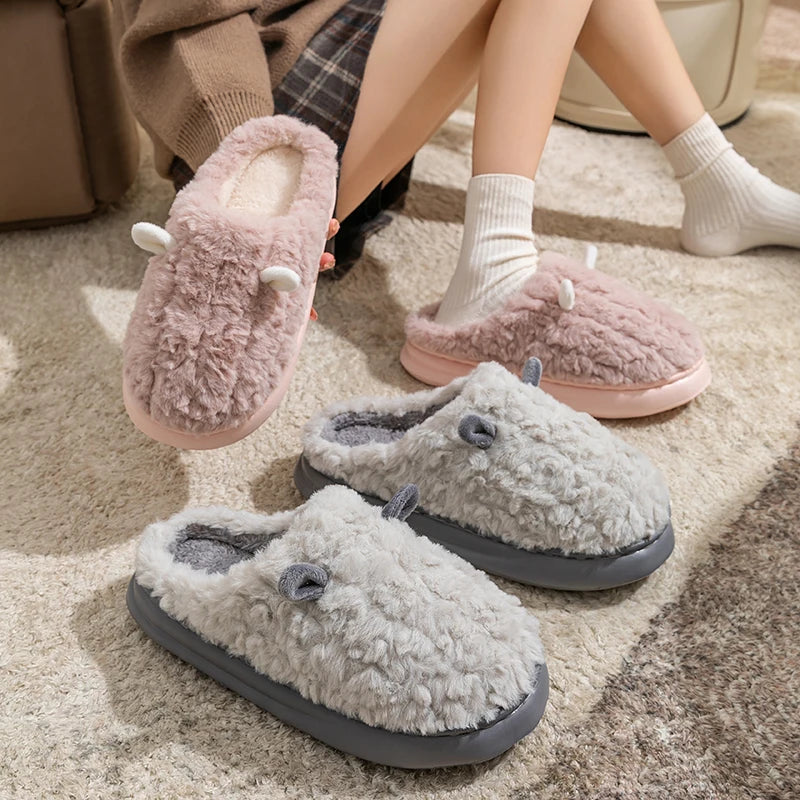 Plush Closed-Toe House Slippers with Thick Cushioned Sole – Cartoon Character Indoor Footwear for Men & Women | Thomler