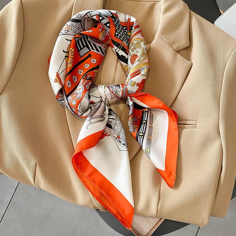 Silky Equestrian Print Square Scarf 27.5×27.5 in – Satin Neck Wrap Hair Tie Headband for Women | Thomler