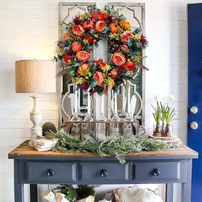 Handcrafted Fall Harvest Door Wreath with Gourds & Foliage – 16 Inch Diameter | Thomler