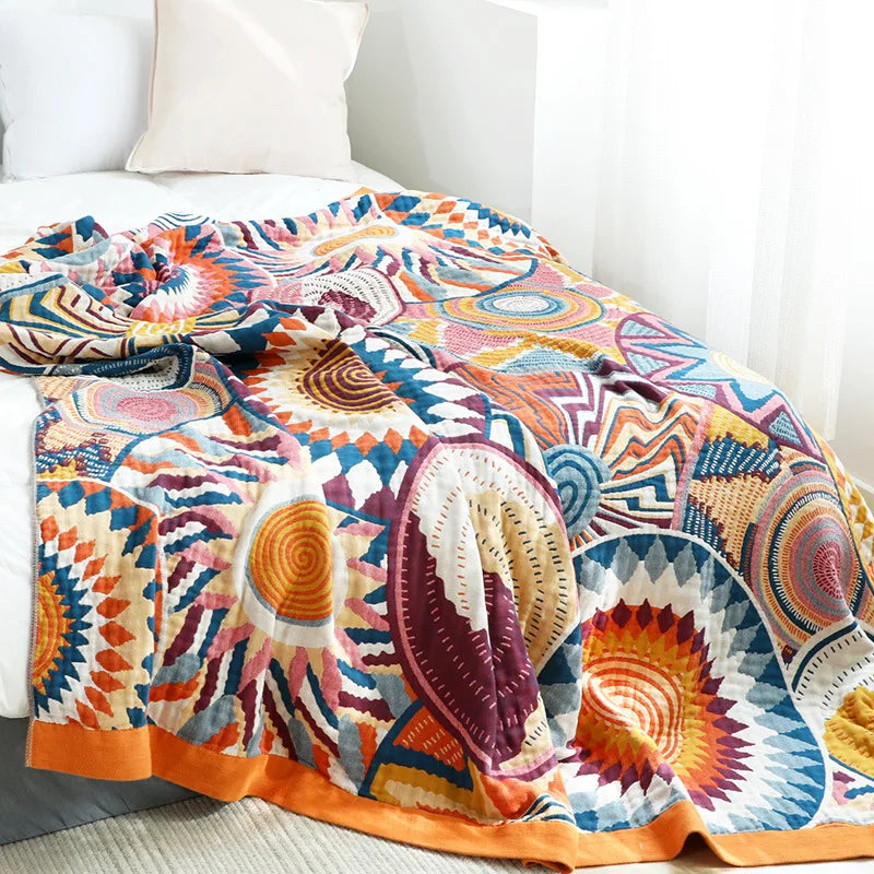 Lightweight Cotton Gauze Throw Blanket 59×79 or 79×90 in Pure Cotton Layering Piece for Couch Bed All-Season Breathable Coverlet Geometric | Thomler