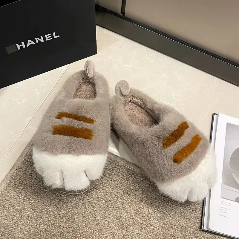 Plush Cat Paw Slippers for Women Indoor Outdoor Soft Furry House Shoes Anti-Slip Cozy Slides Loafer Mules Winter | Thomler