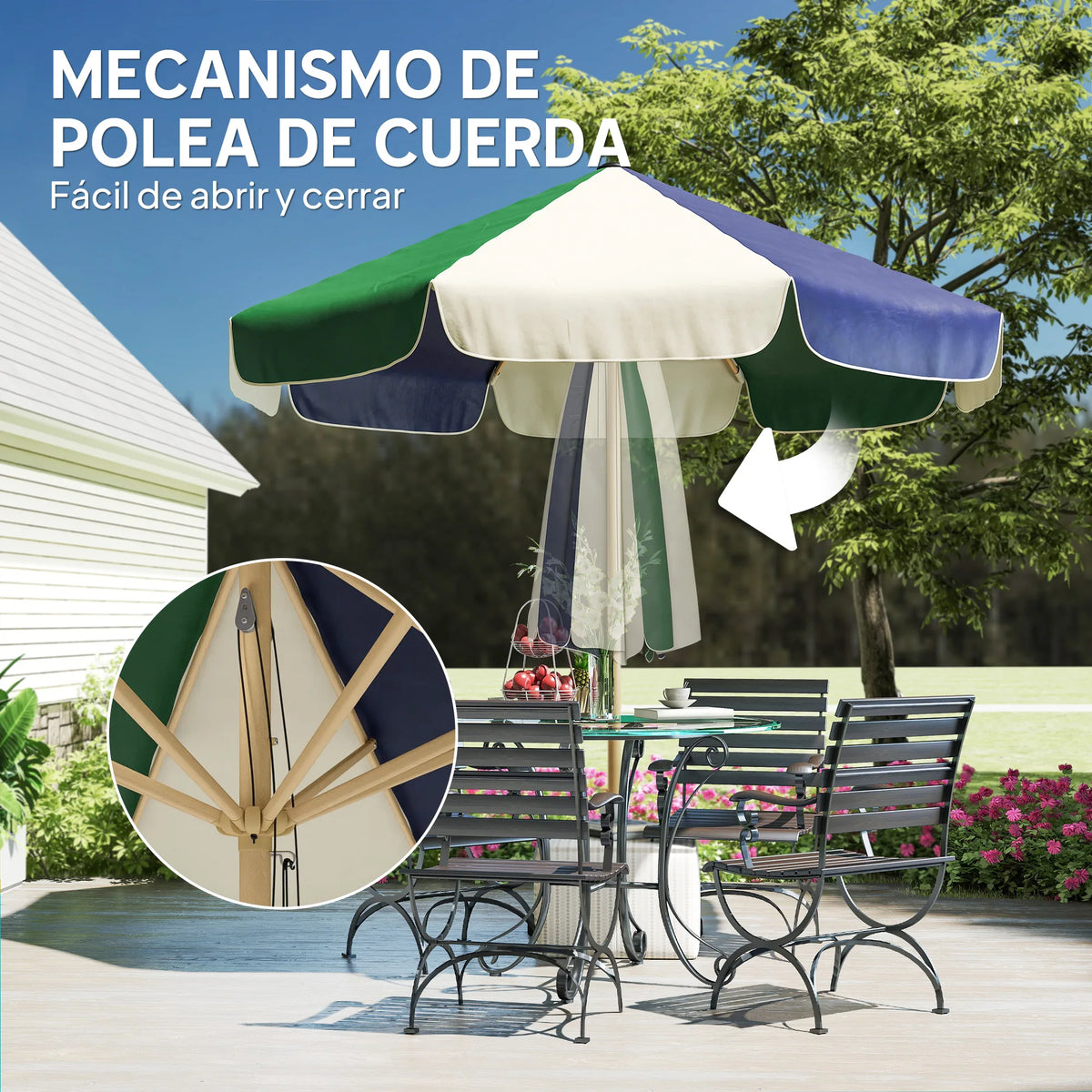 7.5 ft Two-Tone Patio Umbrella with Rope Pulley System – Wood-Look Pole, UPF 30+ Sun Protection for Deck, Garden, Beach | Thomler