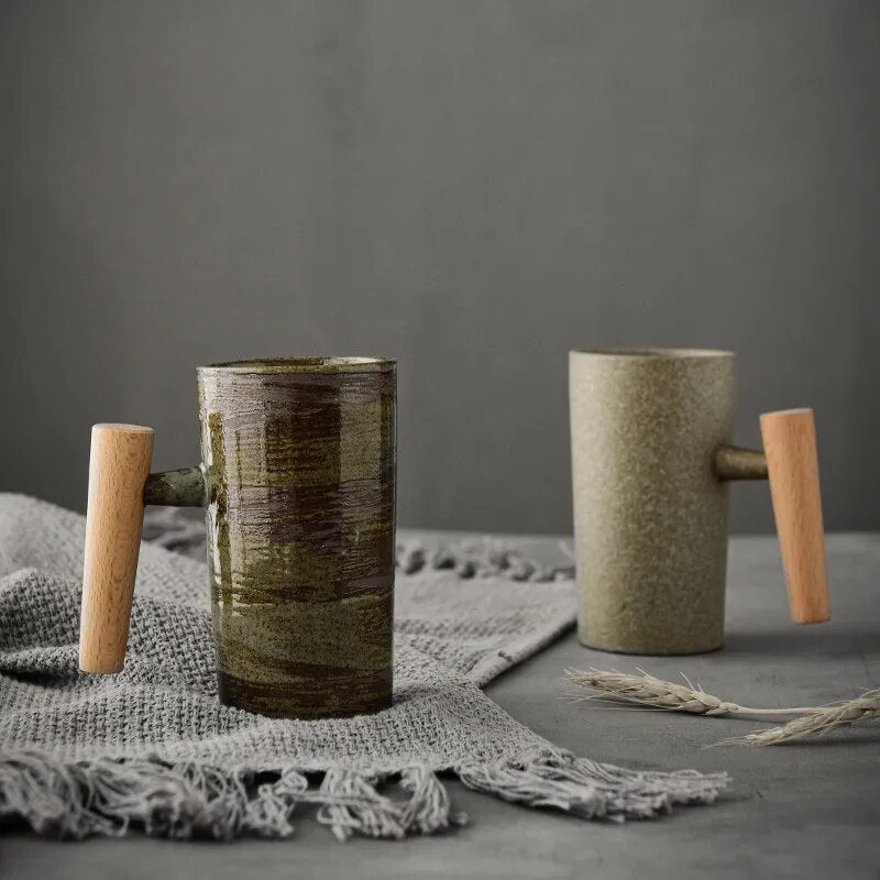 Handcrafted Ceramic Coffee Mug with Wooden Handle – Earthy Tones & Organic Design for Home | Thomler