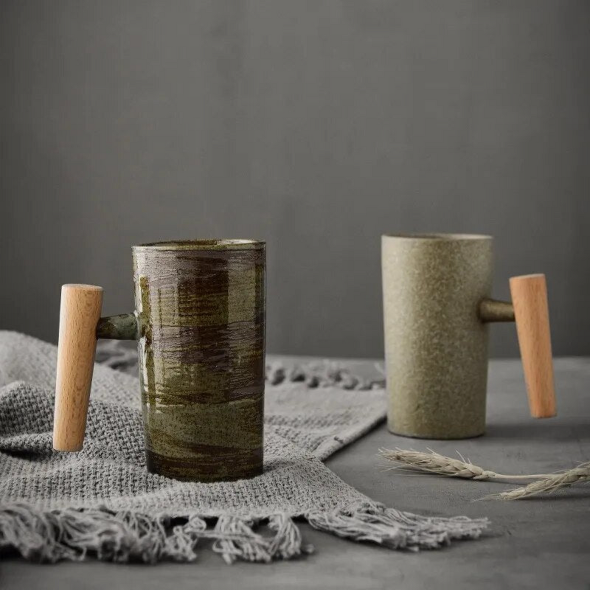 Stone-Texture Ceramic Coffee Mug with Wooden Handle for Hot Beverages | Kitchen Drinkware Cup for Tea Coffee Latte | Modern Rustic Nordic | Thomler