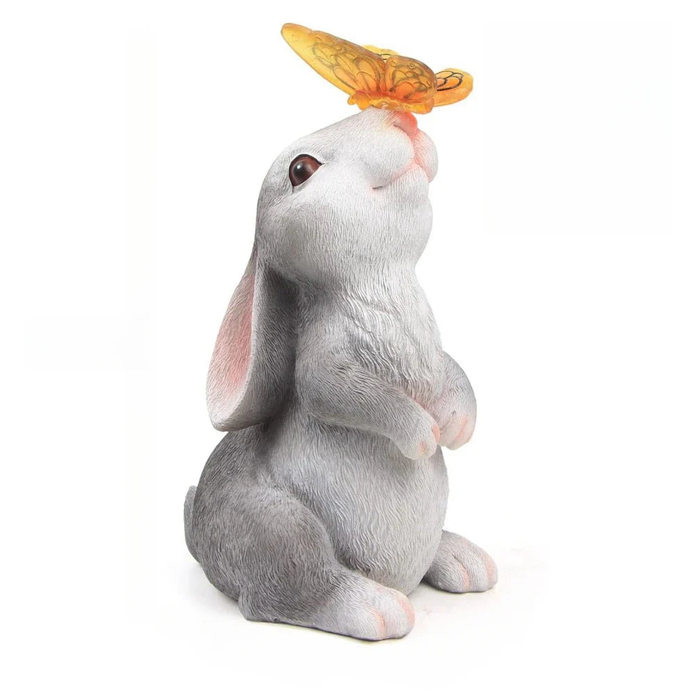 Garden Figurine Resin Solar Powered 22.5 cm White Grey Patio Rabbit LED Outdoor Decoration Butterfly Light | Thomler