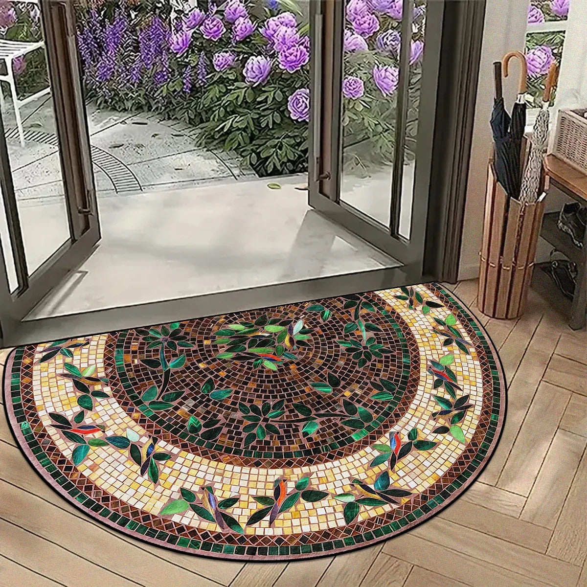 Half Circle Entryway Mat – Non-Slip Outdoor Rug with Vintage Patchwork Floral Geometric Print for Patio, Front Door, Balcony & | Thomler