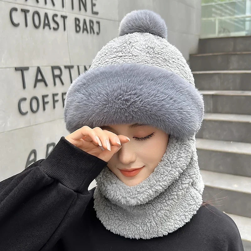 Plush Hooded Scarf Combo Winter Beanie & Neck Warmer Fleece Wrap for Women Cold Weather Outdoor Fashion | Thomler