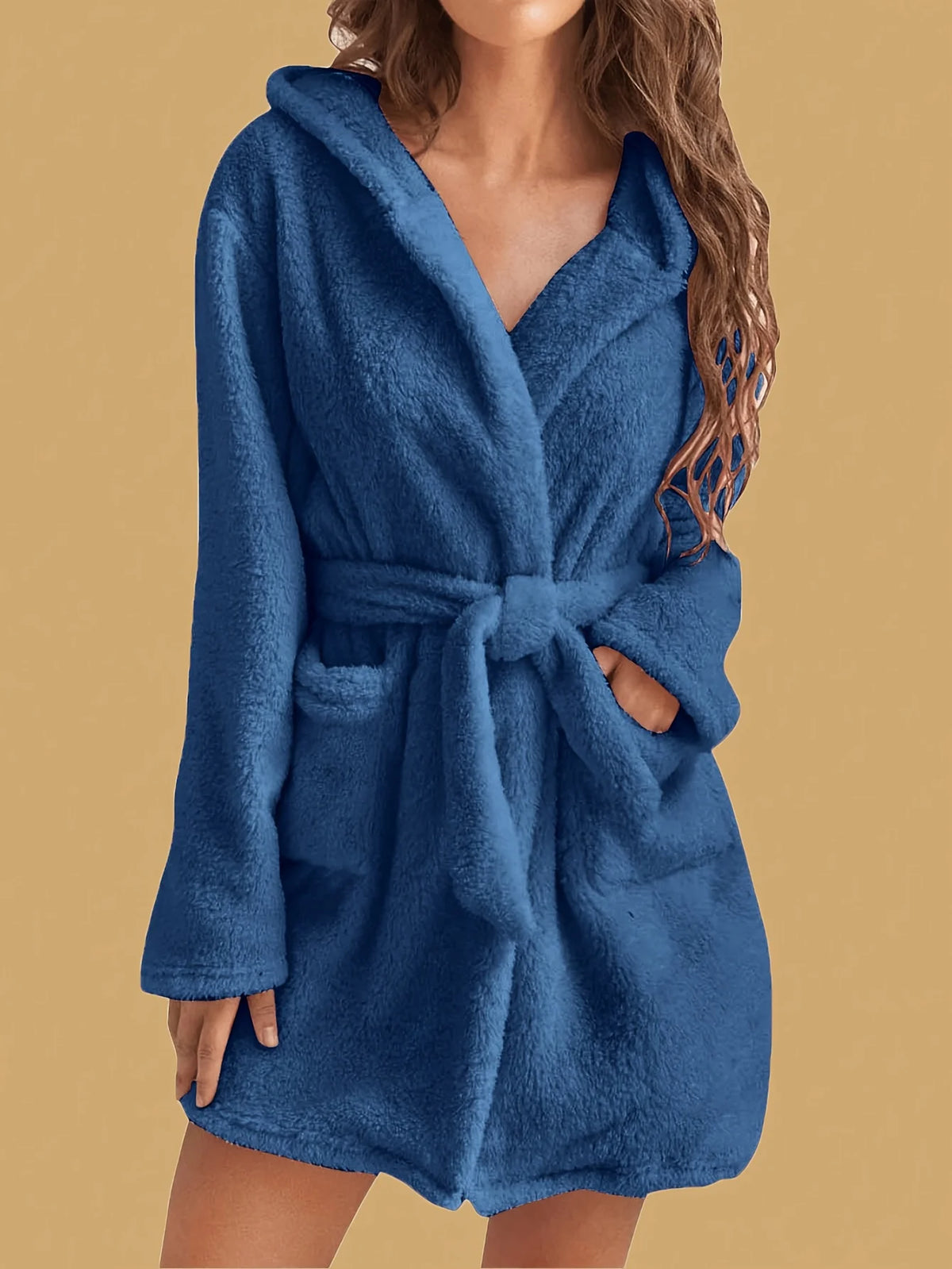 Women's Hooded Fleece Robe with Belt, Plush Loungewear for Cold Weather Relaxation at Home | Thomler