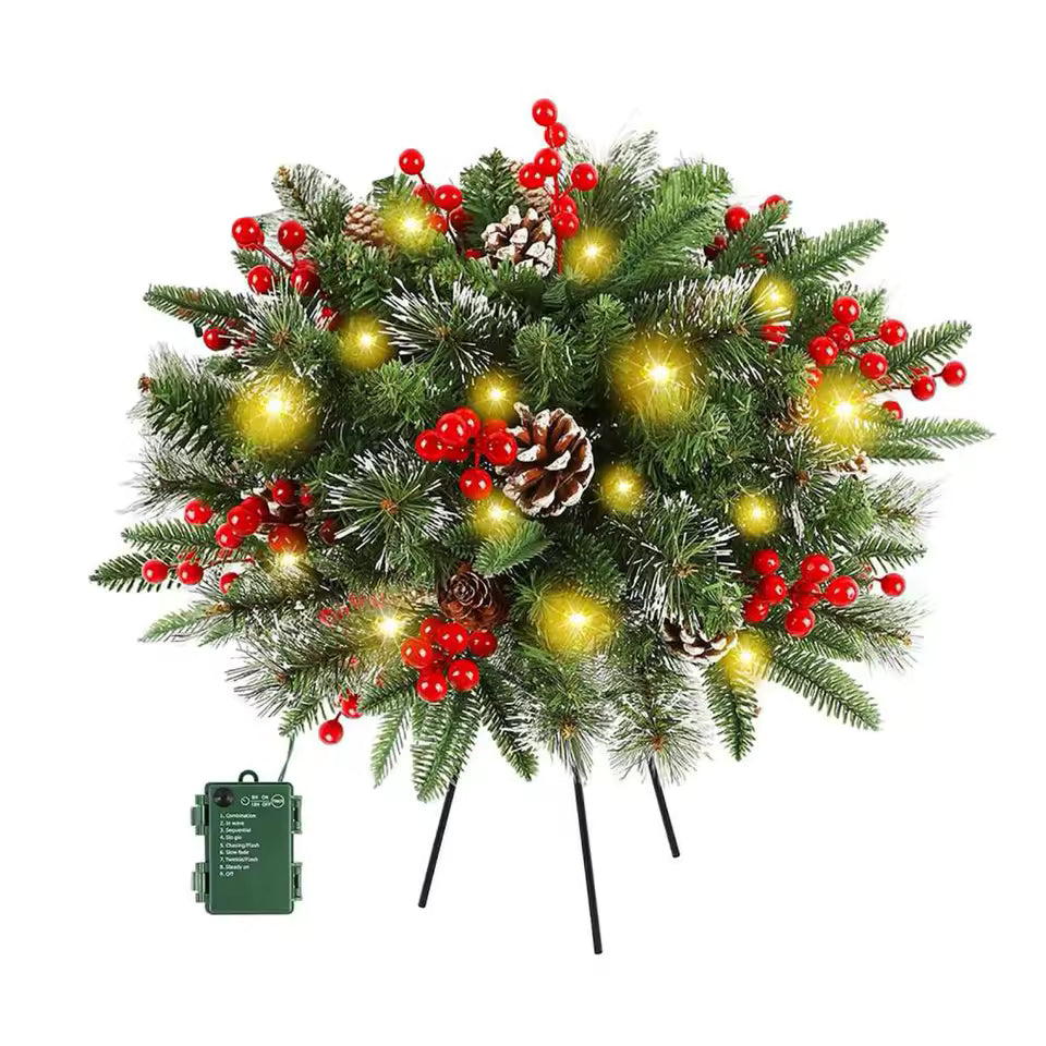 Illuminated Christmas Wreath with Stand for Planters & Holiday Display – 50 LED Lights & Timer | Thomler
