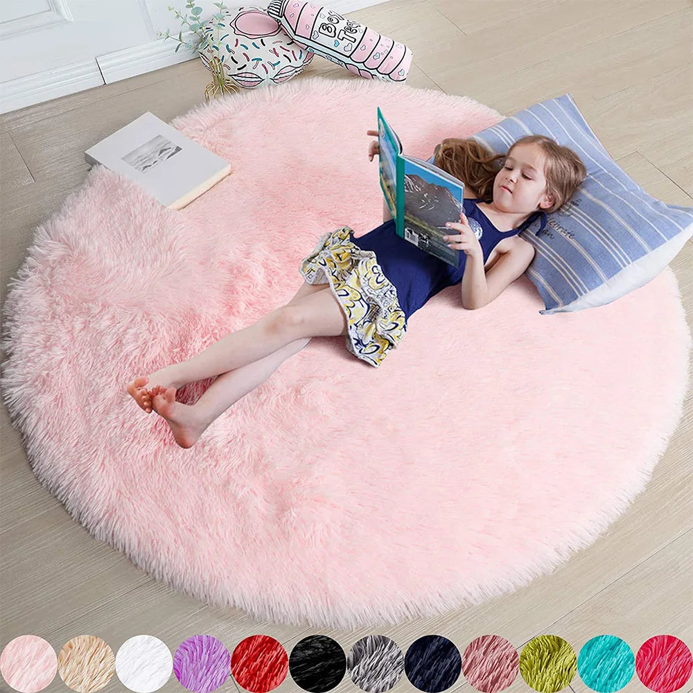 Round Rug Polyester Microfibre 100.0 cm Pink Children Play Area Shaggy Nursery Floor Mat Non Slip Memory Foam | Thomler