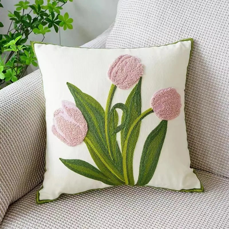 Cushion Cover Cotton Canvas 45.0 cm Floral Embroidered White Sofa Bed Decorative Pillow Case Farmhouse Living Room Accent | Thomler