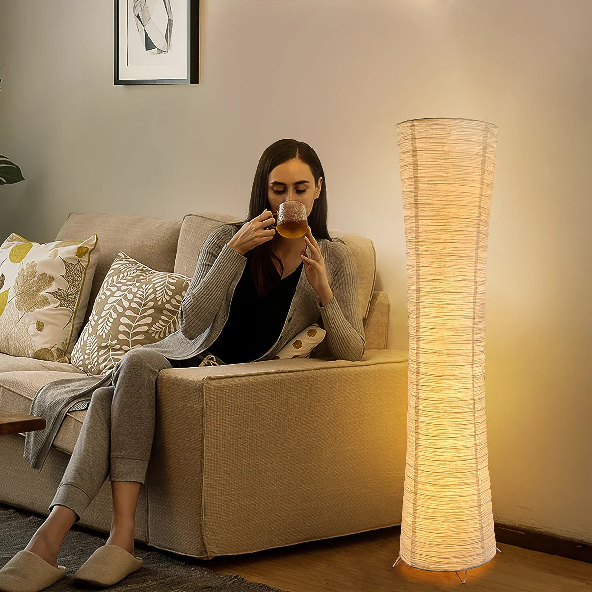 Floor Lamp Paper Shade 107.0 cm White Living Room Corner Lighting Japandi Scandinavian Ambient Reading Lamp Remote Control | Thomler