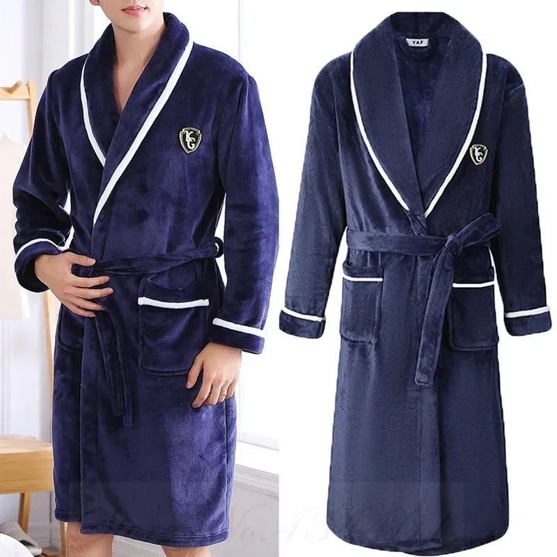 Plush Coral Fleece Robe for Men – Long Shawl Collar Bathrobe in Navy, Gray & Camel – Warm Winter Loungewear M-3XL | Thomler