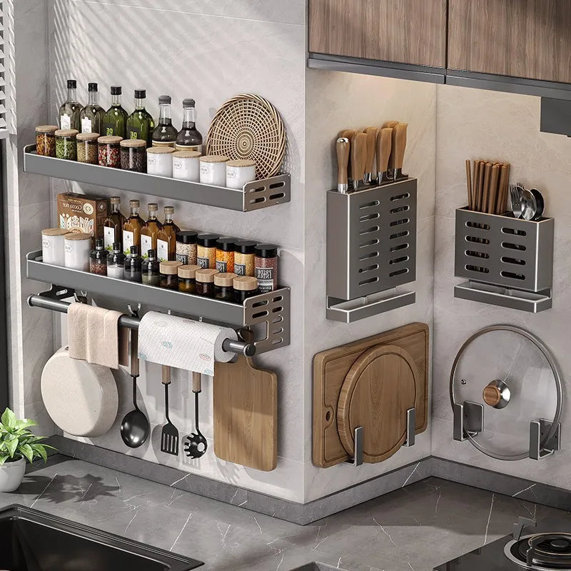 Kitchen Wall Rack Aluminium 50.0 cm Gunmetal Grey Drill Free Spice Storage Paper Towel Holder Organiser | Thomler