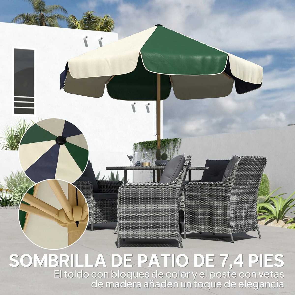 7.5 ft Two-Tone Patio Umbrella with Rope Pulley System – Wood-Look Pole, UPF 30+ Sun Protection for Deck, Garden, Beach | Thomler