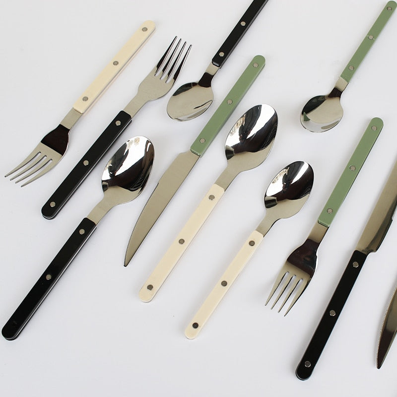 Flatware Set for 6 – Riveted Handle Silverware Service with Knife Fork Spoon – Slim Bistro Stainless Steel Dining Utensils for Everyday | Thomler
