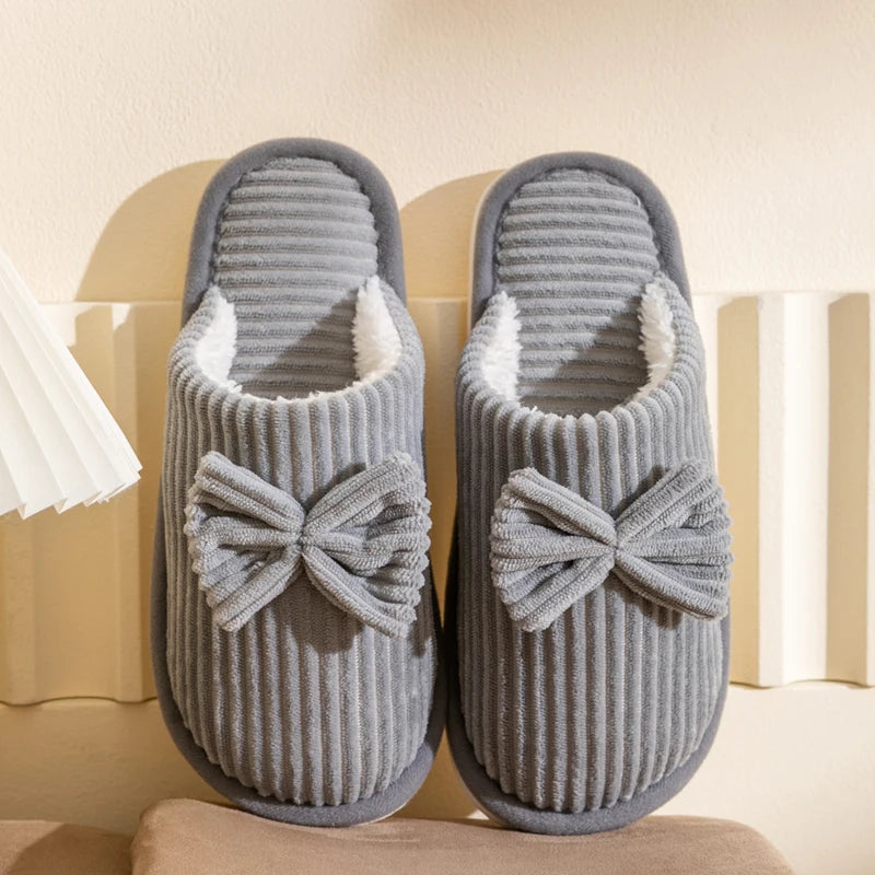 Women's Bow-Tie House Slippers Indoor Cushioned Footwear Cozy Plush Bedroom Shoes Fall Winter Slip-On Moccasins | Thomler