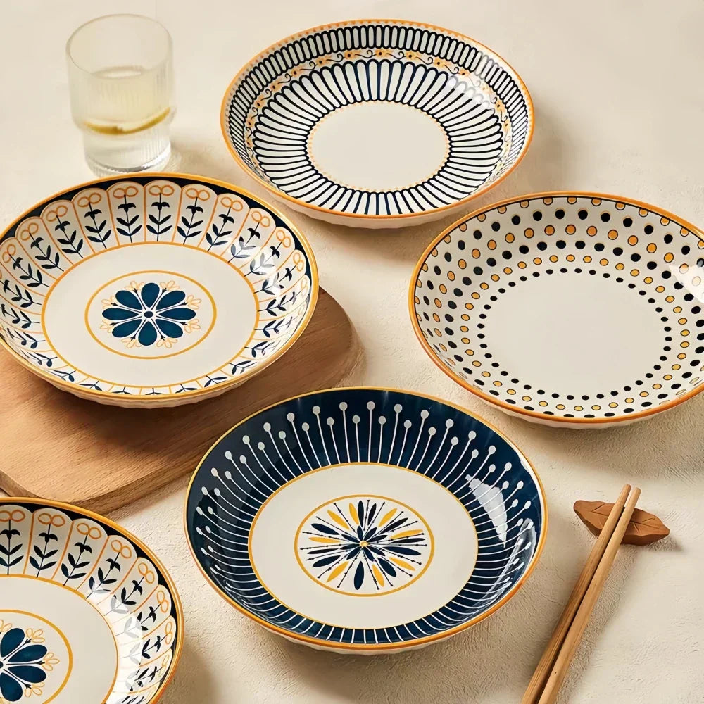 Dinnerware Set Porcelain 20.0 cm 7.9" Navy Blue Gold Breakfast Dessert Salad Plates Hand Painted Floral Tableware Set Of 4 | Thomler