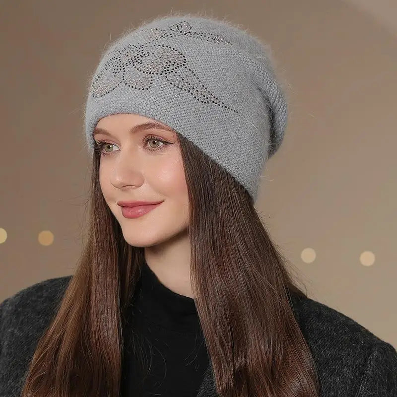 Women's Knit Beanie Hat with Floral Appliqué – Soft Acrylic & Fur-Blend Cap for Cold Weather | Thomler