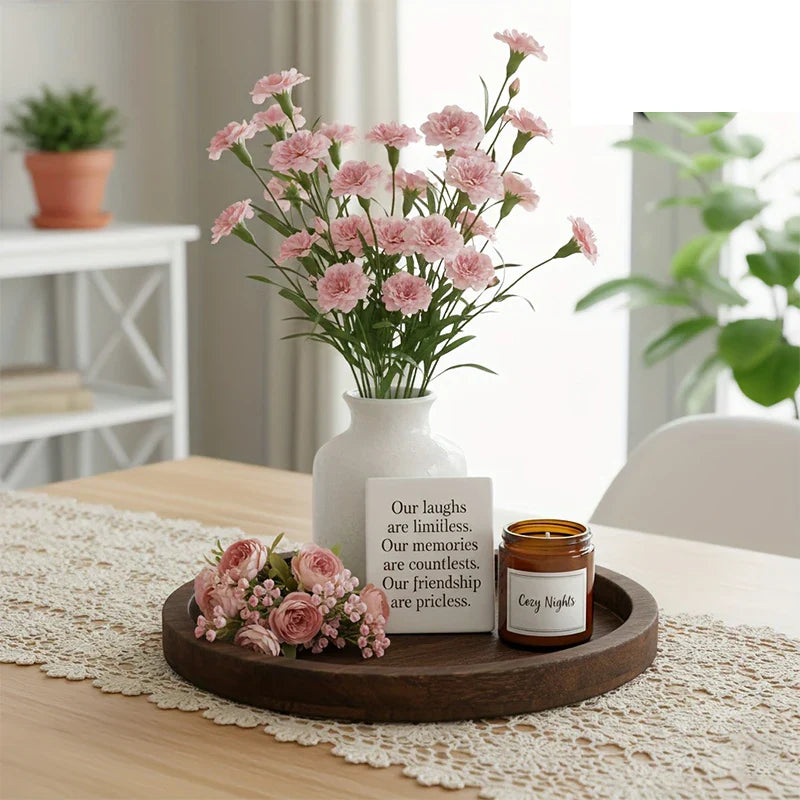 Decorative Tray Solid Wood 28.5 cm Round Brown Coffee Table Centrepiece Farmhouse Serving Tray Kitchen Counter Styling | Thomler