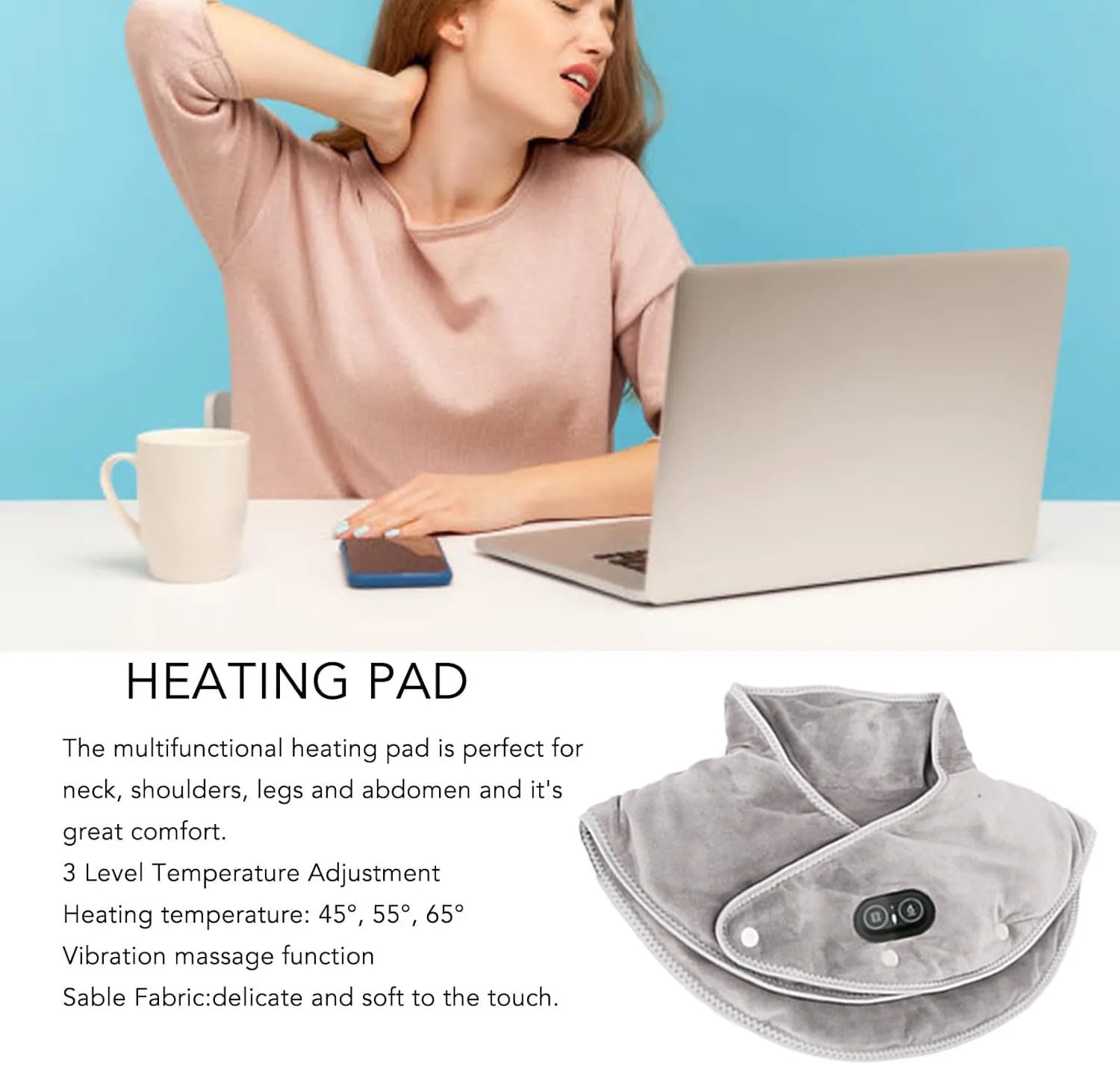Heated Neck and Shoulder Wrap with Vibration – USB Rechargeable Heat Therapy Cushion – 3 Temperature Settings, Auto Timer, Soft Plush | Thomler