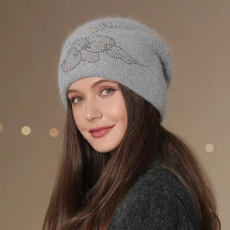 Women's Knit Beanie Hat with Floral Appliqué – Soft Acrylic & Fur-Blend Cap for Cold Weather | Thomler