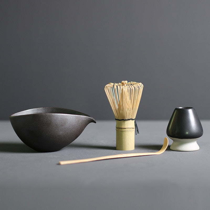 Ceremonial Matcha Tea Preparation Kit — Bamboo Whisk, Ceramic Bowl, Scoop & Holder — 4-Piece Japanese Tea Set for Home Brewing | Thomler