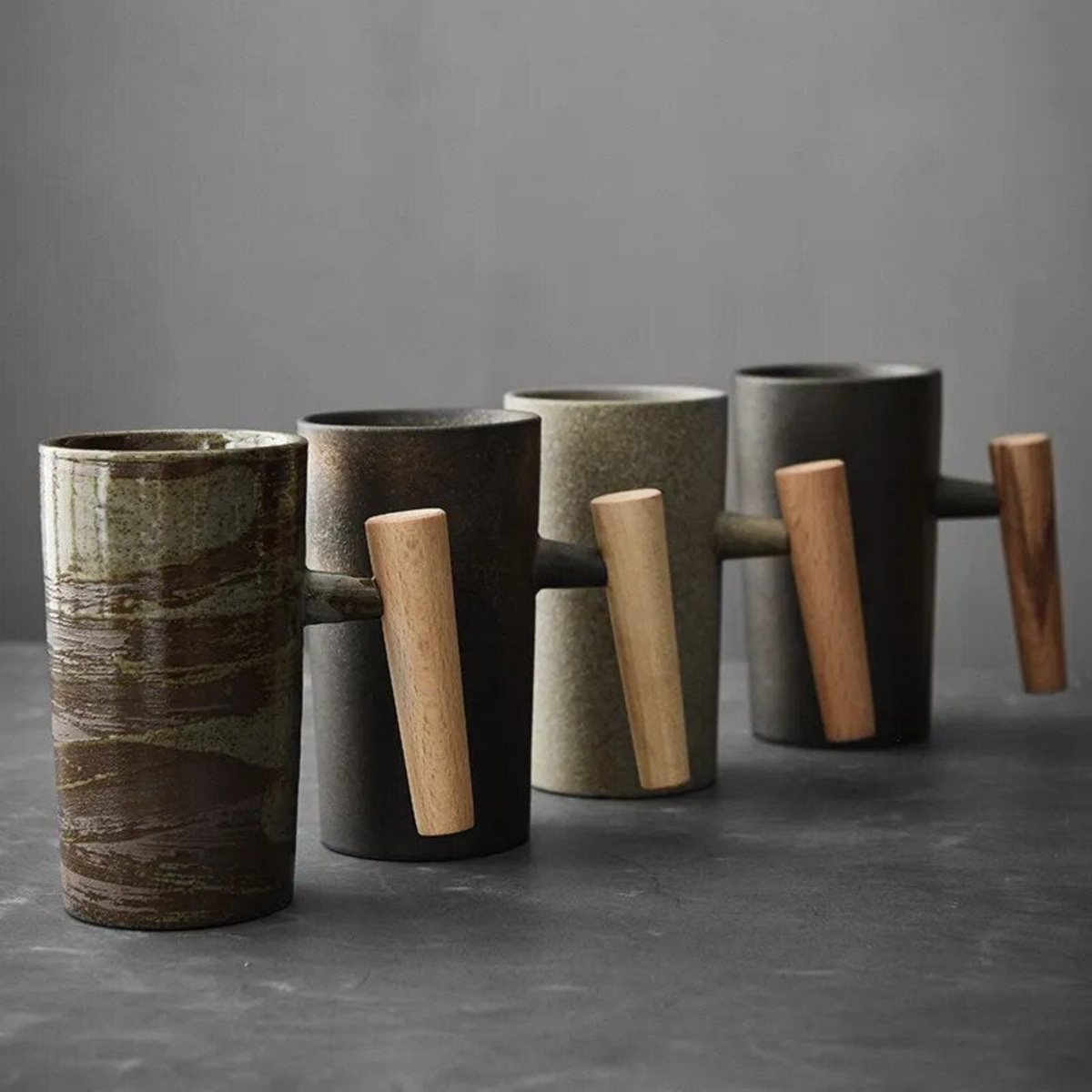 Stone-Texture Ceramic Coffee Mug with Wooden Handle for Hot Beverages | Kitchen Drinkware Cup for Tea Coffee Latte | Modern Rustic Nordic | Thomler
