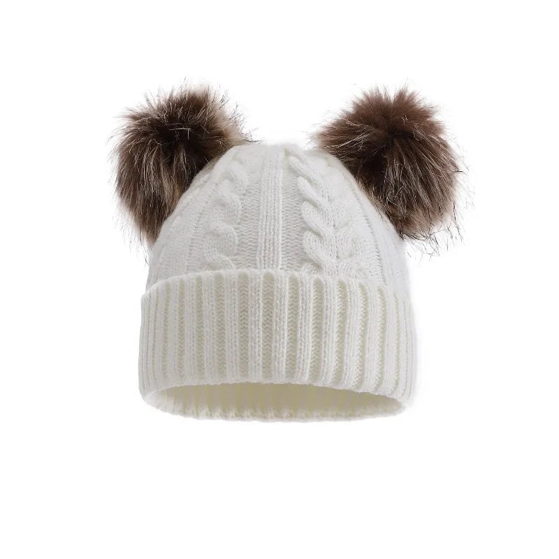 Women's Chunky Cable-Knit Winter Beanie with Dual Faux-Fur Pom-Poms – Fold-Over Cuff Hat for Cold Weather | Thomler