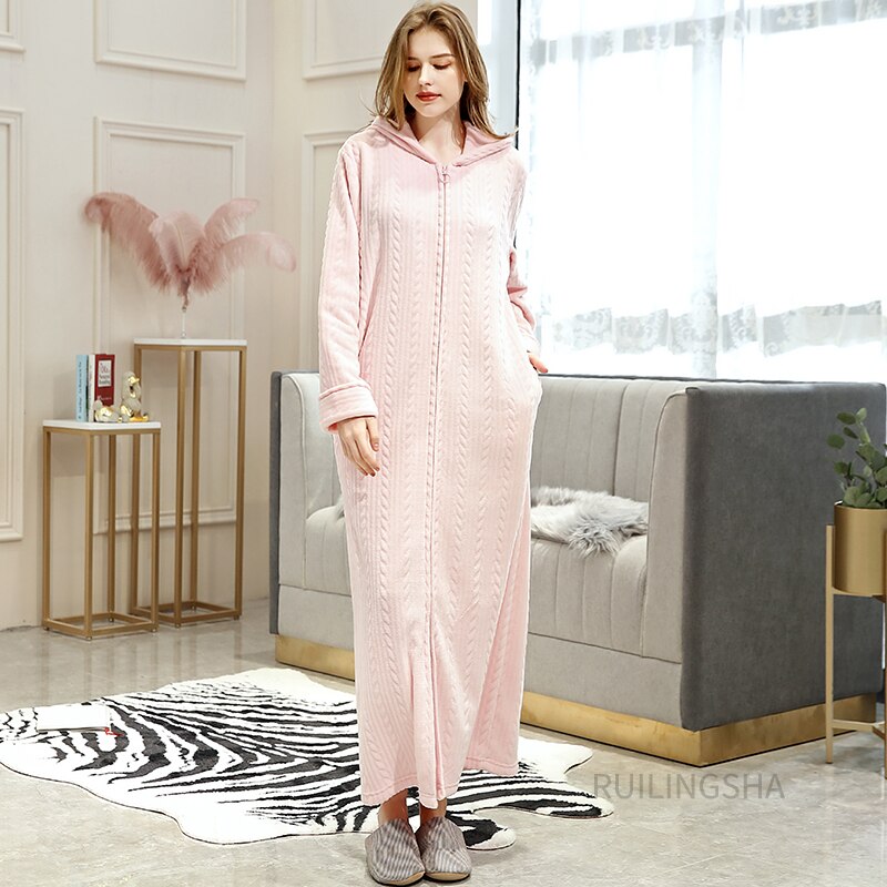 Zippered Fleece Bathrobe for Women & Men Hooded & Non-Hooded Thermal Lounge Robe with Pockets Soft Lightweight Warmth | Thomler