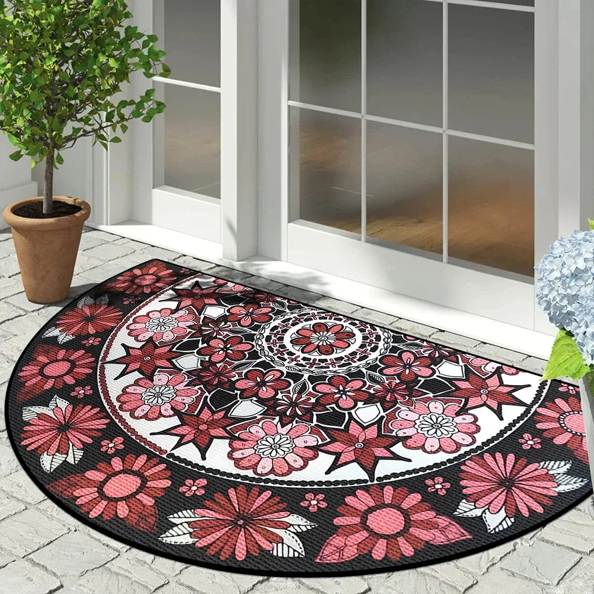 Half Circle Entryway Mat – Non-Slip Outdoor Rug with Vintage Patchwork Floral Geometric Print for Patio, Front Door, Balcony & | Thomler
