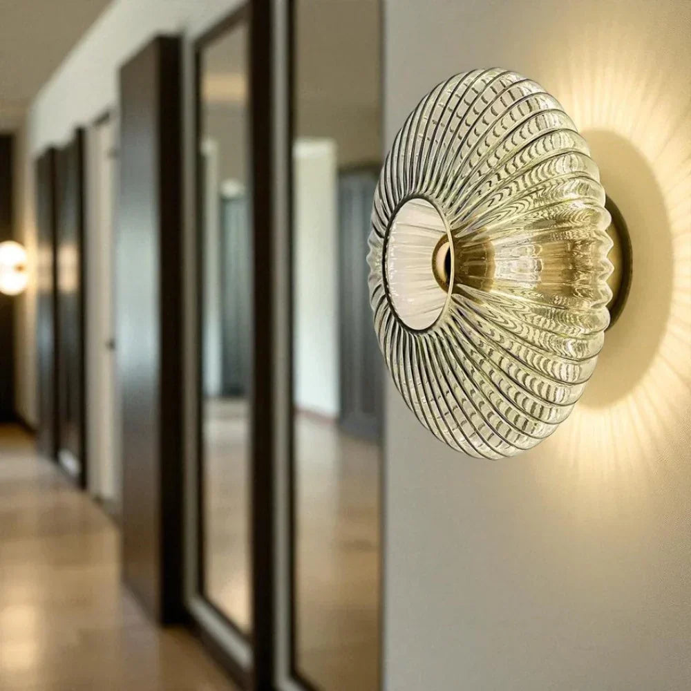 Wall Lamp Ribbed Glass Amber Gold Indoor Decorative Accent Lighting Art Deco Boho Bedroom Hallway Living Room Sconce | Thomler