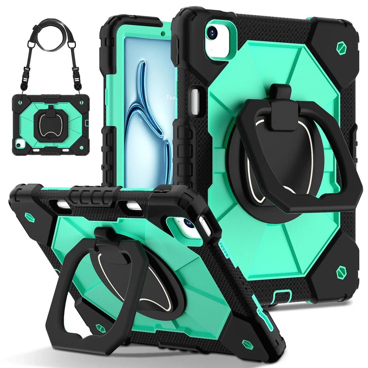 Triple-Layer iPad Protective Case with 360° Rotating Hand Grip, Integrated Kickstand & Shoulder Strap | Tempered Glass Screen Protector | Thomler