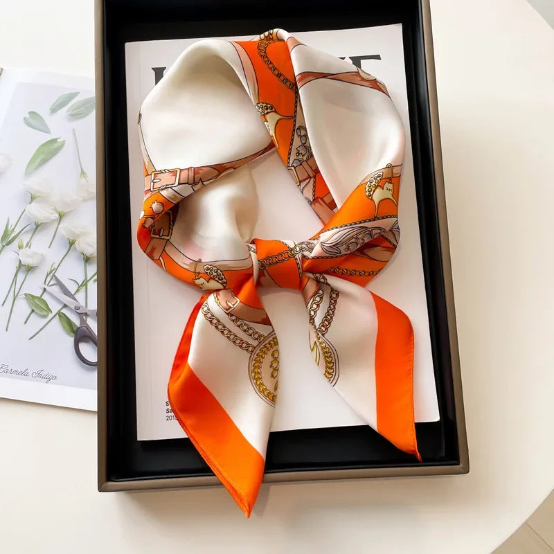Silky Equestrian Print Square Scarf 27.5×27.5 in – Satin Neck Wrap Hair Tie Headband for Women | Thomler